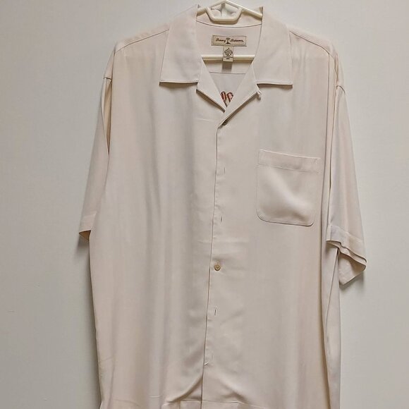 Vintage 90’s Tommy Bahama Cream 100% Silk S/S Camp Shirt w/Paradise Grand Prix - Picture 5 of 8